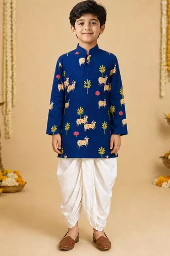 Boy's navy blue cotton block print thigh length kurta and dhoti set