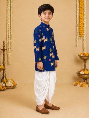 Boy's navy blue cotton block print thigh length kurta and dhoti set 4