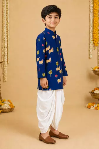 Boy's navy blue cotton block print thigh length kurta and dhoti set