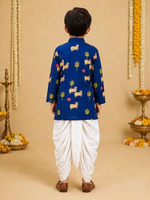 Boy's navy blue cotton block print thigh length kurta and dhoti set 5