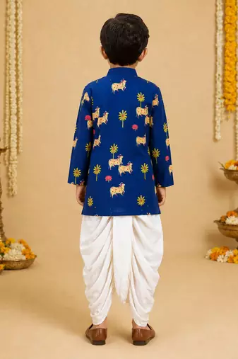 Boy's navy blue cotton block print thigh length kurta and dhoti set