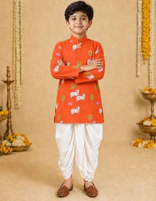 Boy's orange cotton printed thigh length kurta and dhoti set 1