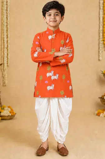 Boy's orange cotton printed thigh length kurta and dhoti set