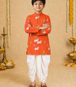 Boy's orange cotton printed thigh length kurta and dhoti set