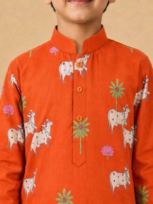 Boy's orange cotton printed thigh length kurta and dhoti set 2