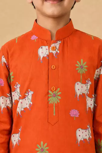 Boy's orange cotton printed thigh length kurta and dhoti set