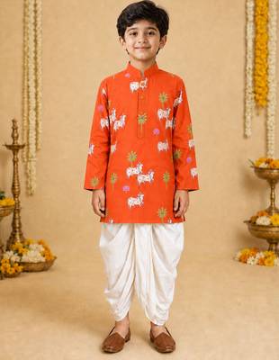 Boy's orange cotton printed thigh length kurta and dhoti set 3