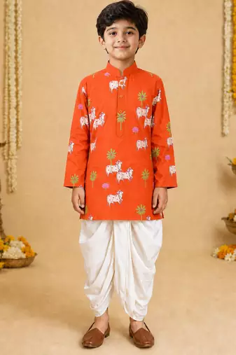 Boy's orange cotton printed thigh length kurta and dhoti set