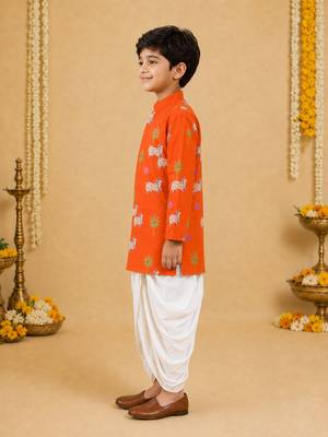 Boy's orange cotton printed thigh length kurta and dhoti set 4