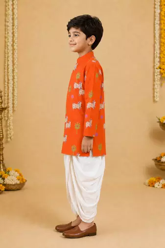 Boy's orange cotton printed thigh length kurta and dhoti set