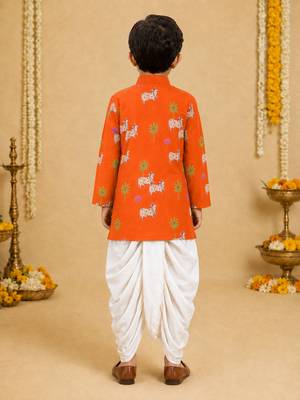 Boy's orange cotton printed thigh length kurta and dhoti set 5