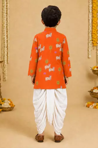 Boy's orange cotton printed thigh length kurta and dhoti set