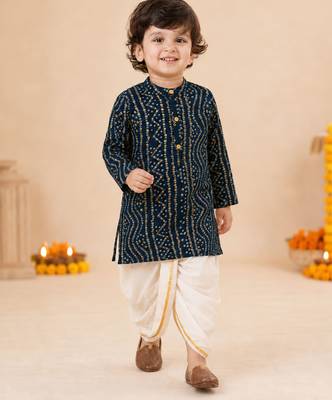 Boy's blue rayon bandhni thigh length kurta and dhoti set 1