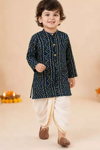 Boy's blue rayon bandhni thigh length kurta and dhoti set