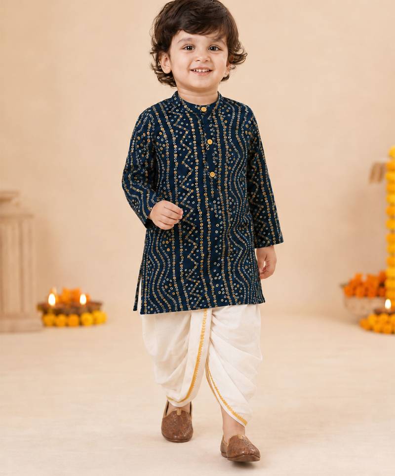 Boy's blue rayon bandhni thigh length kurta and dhoti set