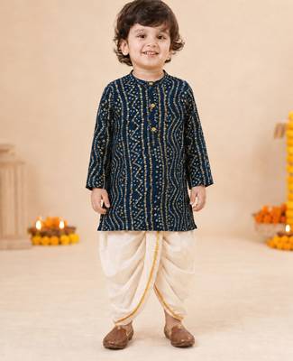 Boy's blue rayon bandhni thigh length kurta and dhoti set 3