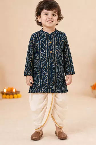 Boy's blue rayon bandhni thigh length kurta and dhoti set