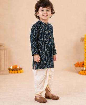 Boy's blue rayon bandhni thigh length kurta and dhoti set 4