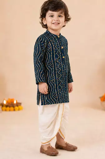 Boy's blue rayon bandhni thigh length kurta and dhoti set