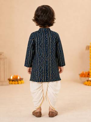 Boy's blue rayon bandhni thigh length kurta and dhoti set 5