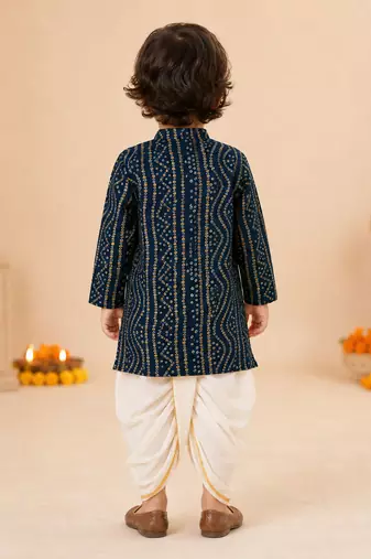 Boy's blue rayon bandhni thigh length kurta and dhoti set