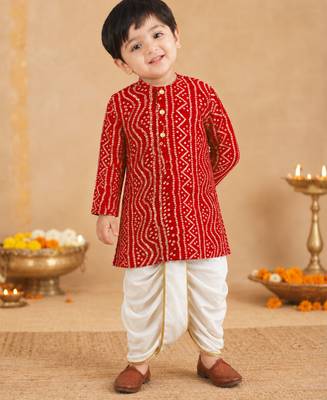 Boy's red rayon bandhni thigh length kurta and dhoti set 1