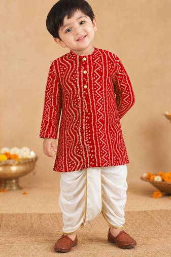 Boy's red rayon bandhni thigh length kurta and dhoti set