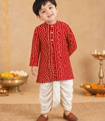 Boy's red rayon bandhni thigh length kurta and dhoti set