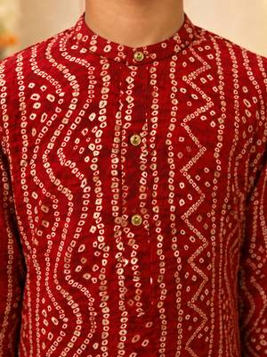 Boy's red rayon bandhni thigh length kurta and dhoti set 2
