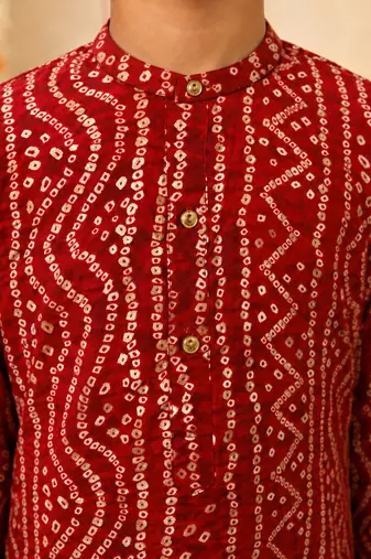Boy's red rayon bandhni thigh length kurta and dhoti set