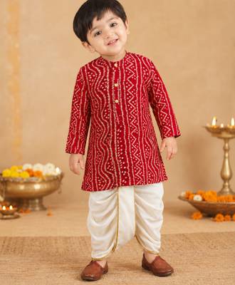 Boy's red rayon bandhni thigh length kurta and dhoti set 3