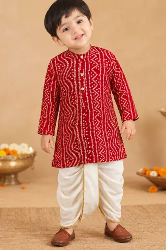 Boy's red rayon bandhni thigh length kurta and dhoti set