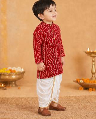 Boy's red rayon bandhni thigh length kurta and dhoti set 4