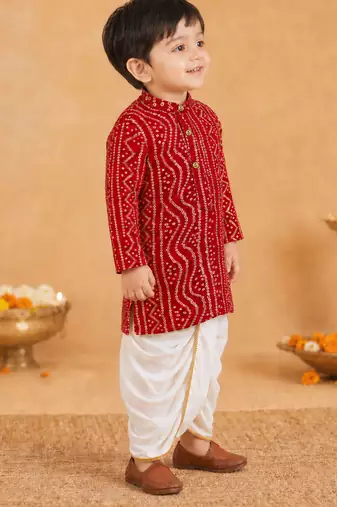 Boy's red rayon bandhni thigh length kurta and dhoti set
