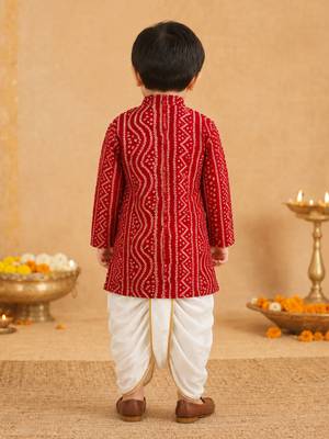 Boy's red rayon bandhni thigh length kurta and dhoti set 5