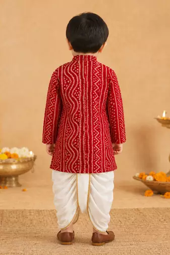 Boy's red rayon bandhni thigh length kurta and dhoti set