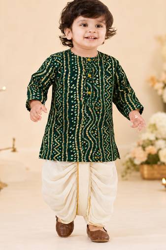 Boy's green rayon bandhni thigh length kurta and dhoti set