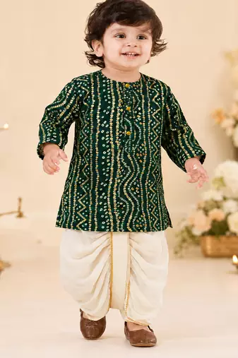 Boy's green rayon bandhni thigh length kurta and dhoti set