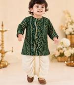 Boy's green rayon bandhni thigh length kurta and dhoti set