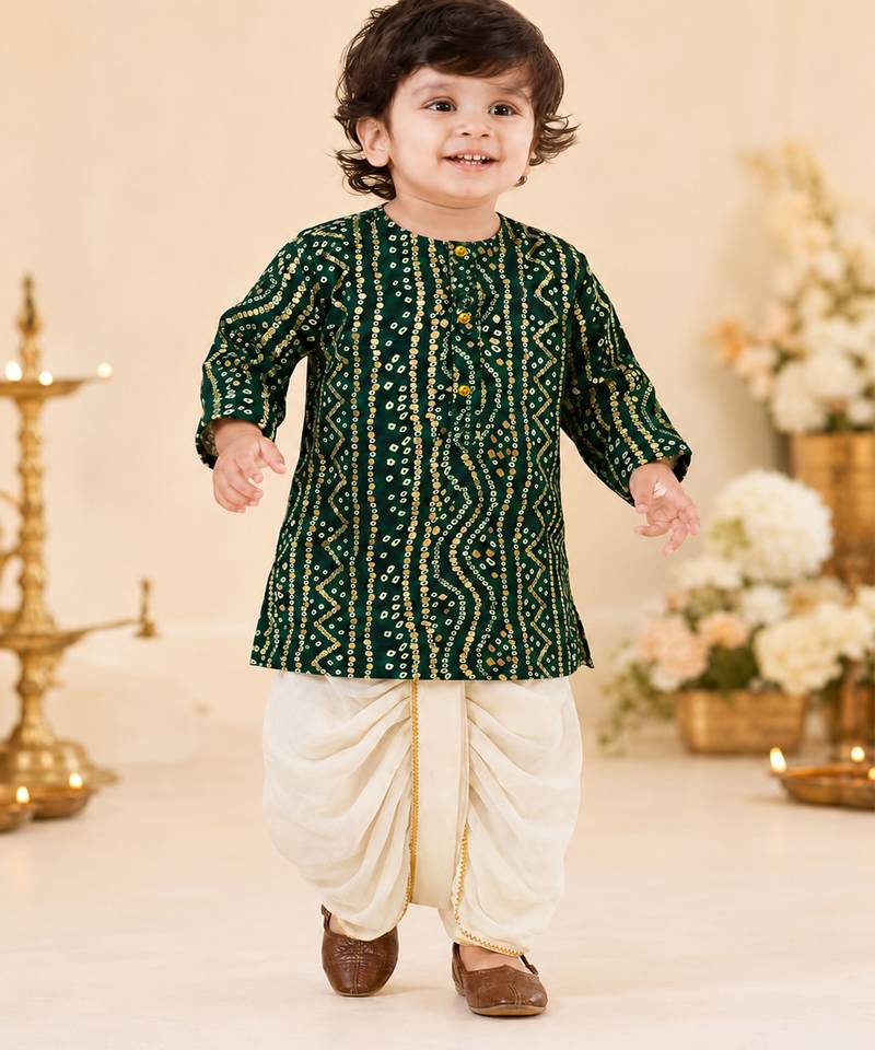 Boy's green rayon bandhni thigh length kurta and dhoti set