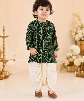 Boy's green rayon bandhni thigh length kurta and dhoti set 3