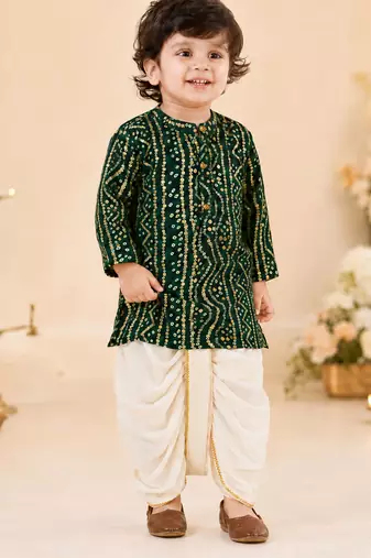 Boy's green rayon bandhni thigh length kurta and dhoti set