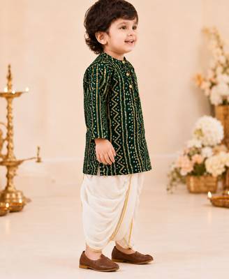 Boy's green rayon bandhni thigh length kurta and dhoti set 4