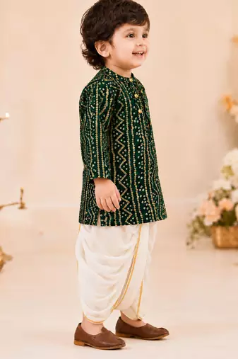 Boy's green rayon bandhni thigh length kurta and dhoti set