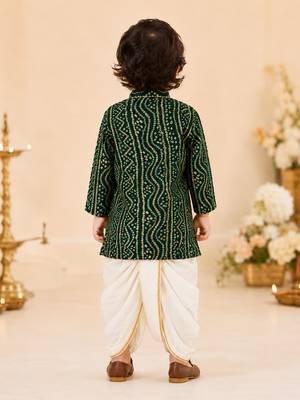 Boy's green rayon bandhni thigh length kurta and dhoti set 5