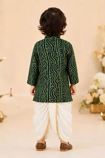 Boy's green rayon bandhni thigh length kurta and dhoti set