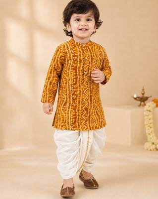 Boy's mustard rayon bandhni thigh length kurta and dhoti set 1