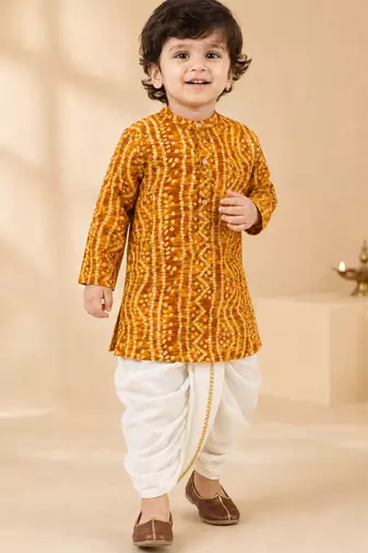 Boy's mustard rayon bandhni thigh length kurta and dhoti set