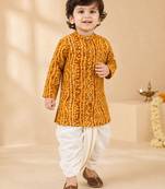 Boy's mustard rayon bandhni thigh length kurta and dhoti set