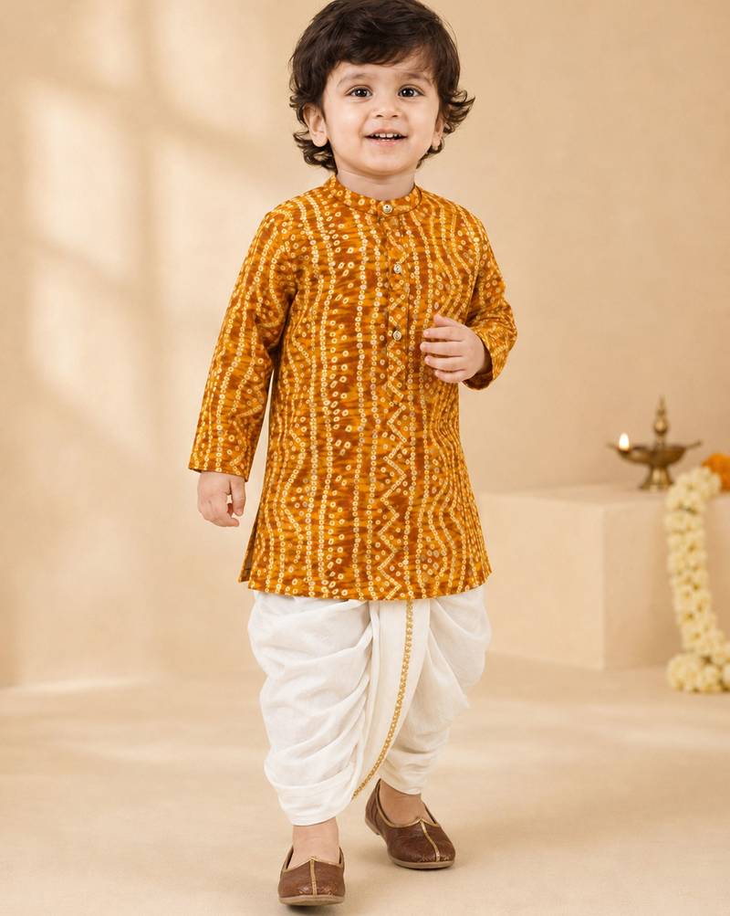 Boy's mustard rayon bandhni thigh length kurta and dhoti set